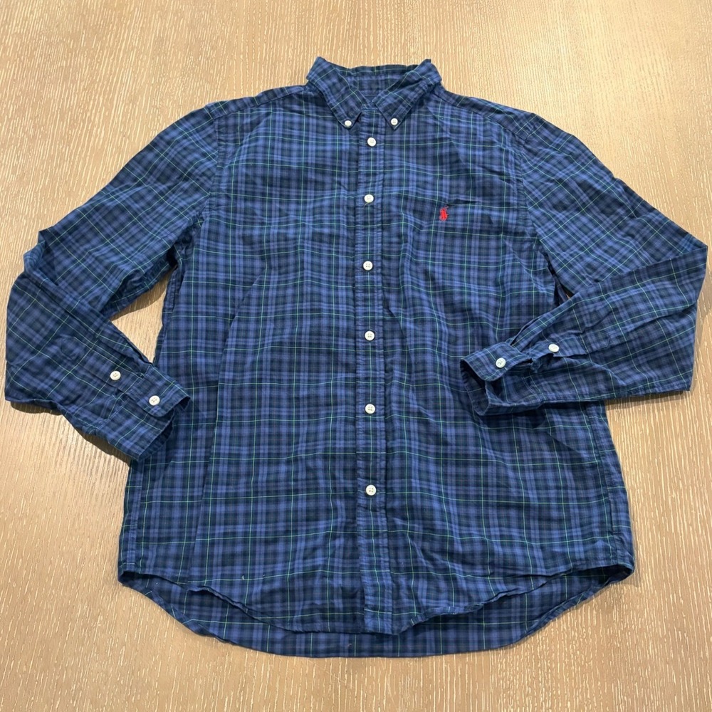 Ralph Lauren Boys XL 18-20 Blue Plaid Long Sleeve Button Down Shirt Red Pony